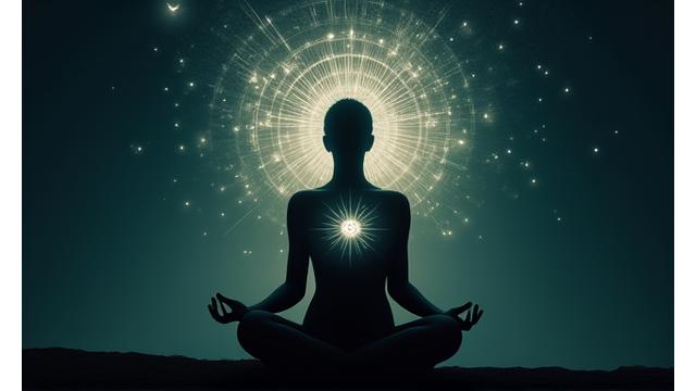 Ilustrace ženy meditující s pozadím kosmických prvků