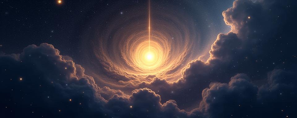 Kosmologická scéna s abstraktními astrologickými symboly. Ilustruje spojení a komunikaci napříč vesmírem.